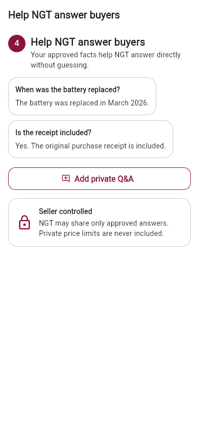 Seller private Q and A screen in askNGT